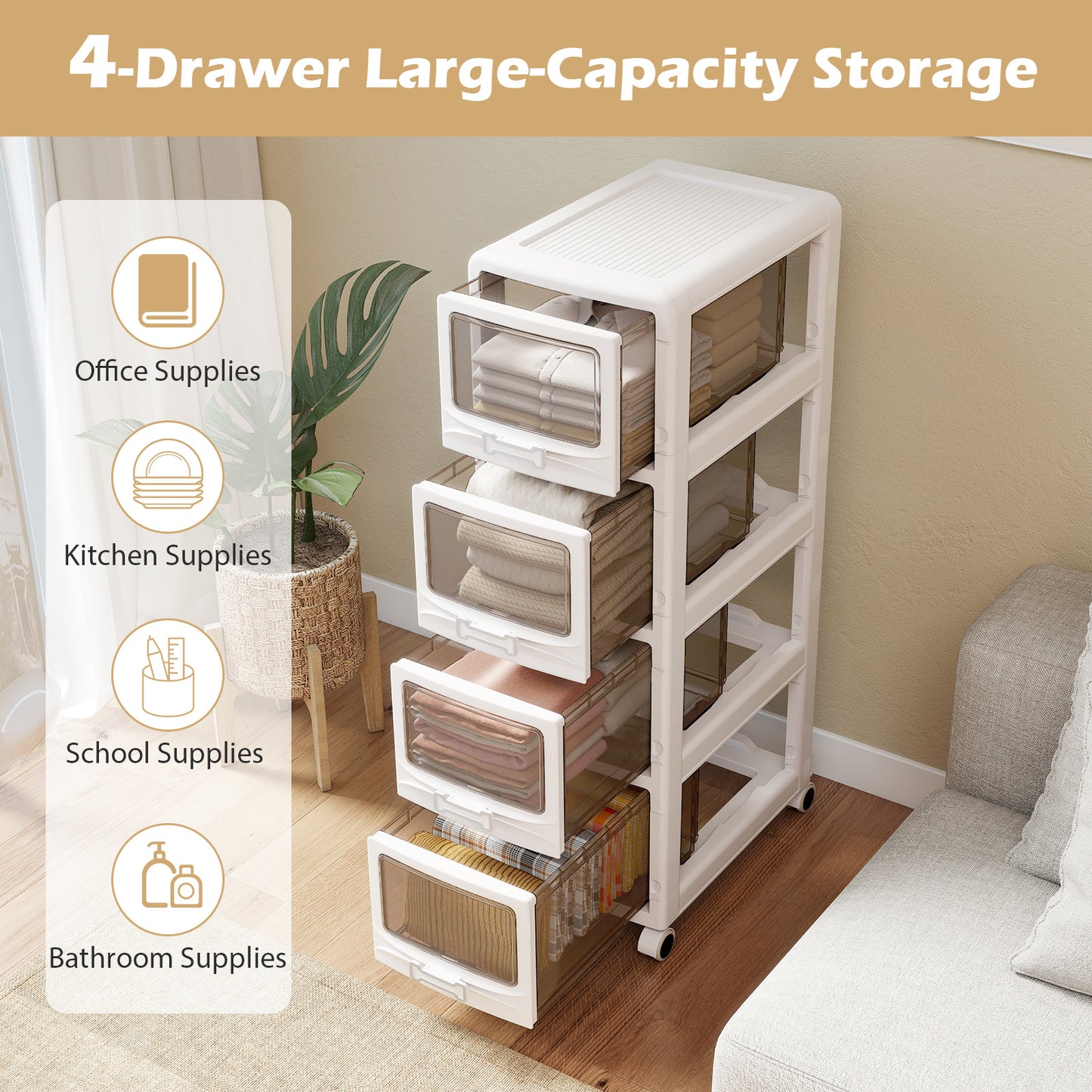 4-Tier Plastic Drawer Storage Organizer Rolling Cart with 4 Drawers
