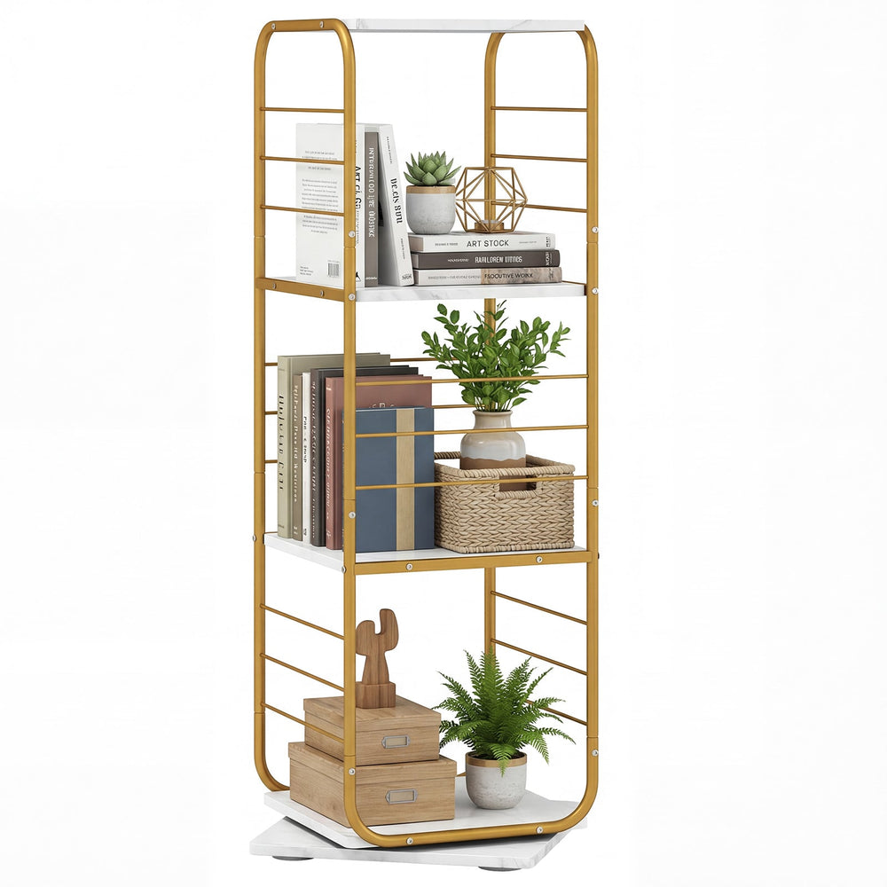 4-Tier Rotating Bookshelf 360° Spinning Bookcase Tower-Golden