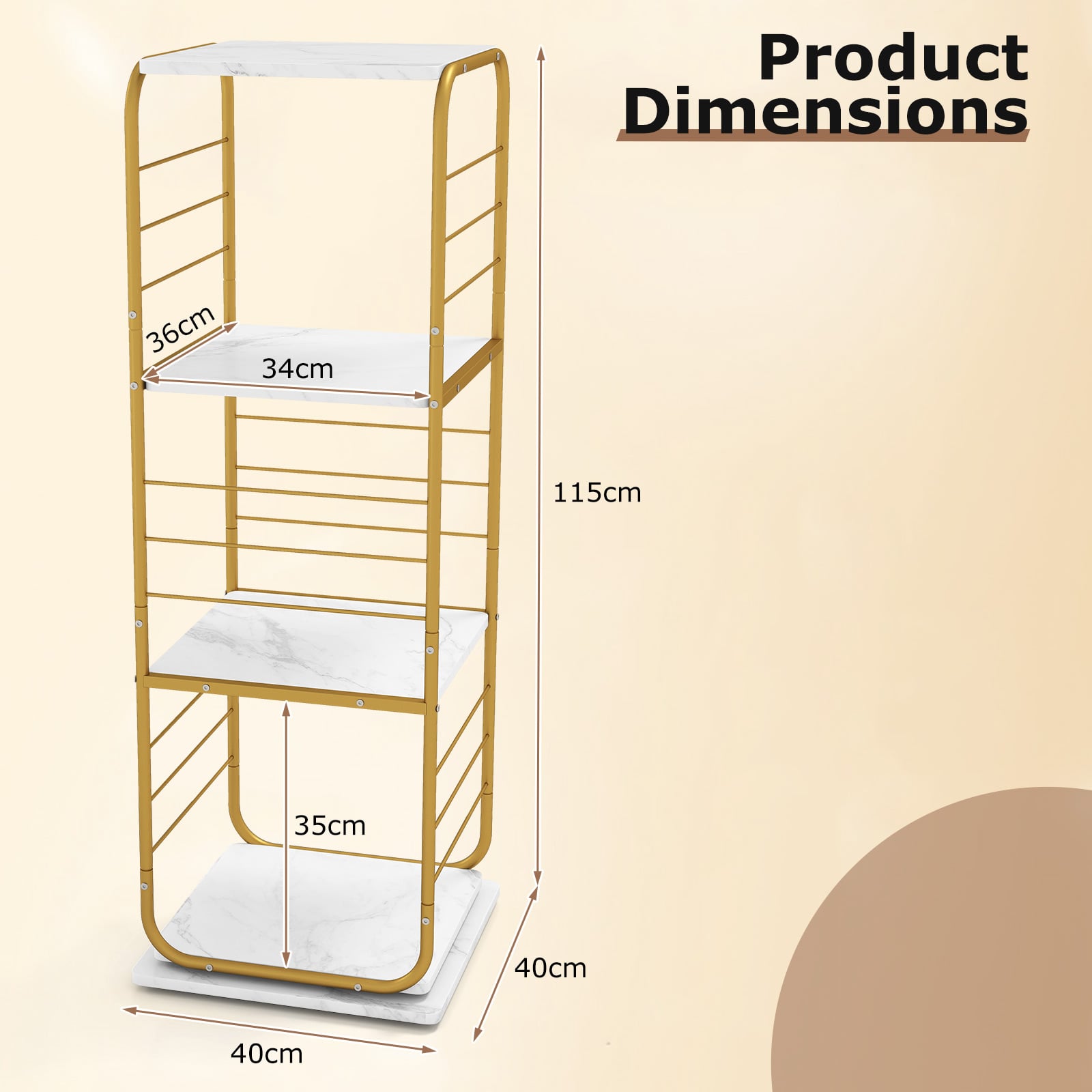 4-Tier Rotating Bookshelf 360° Spinning Bookcase Tower-Golden