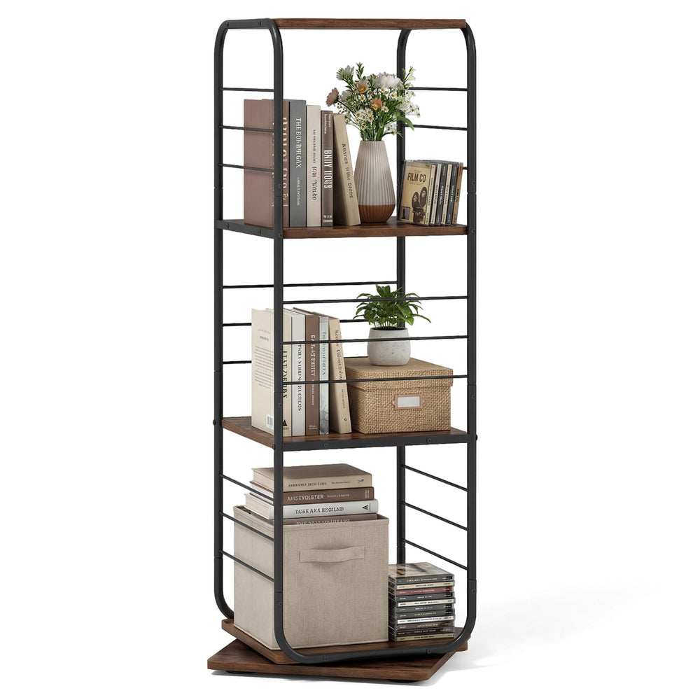 4-Tier Rotating Bookshelf 360° Spinning Bookcase Tower-Rustic Brown