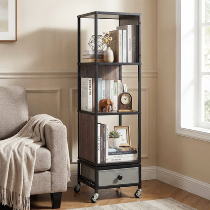 4-Tier Rotating Bookshelf on Wheels for Living Room Office-Grey