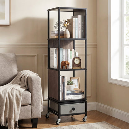 4-Tier Rotating Bookshelf on Wheels for Living Room Office-Grey