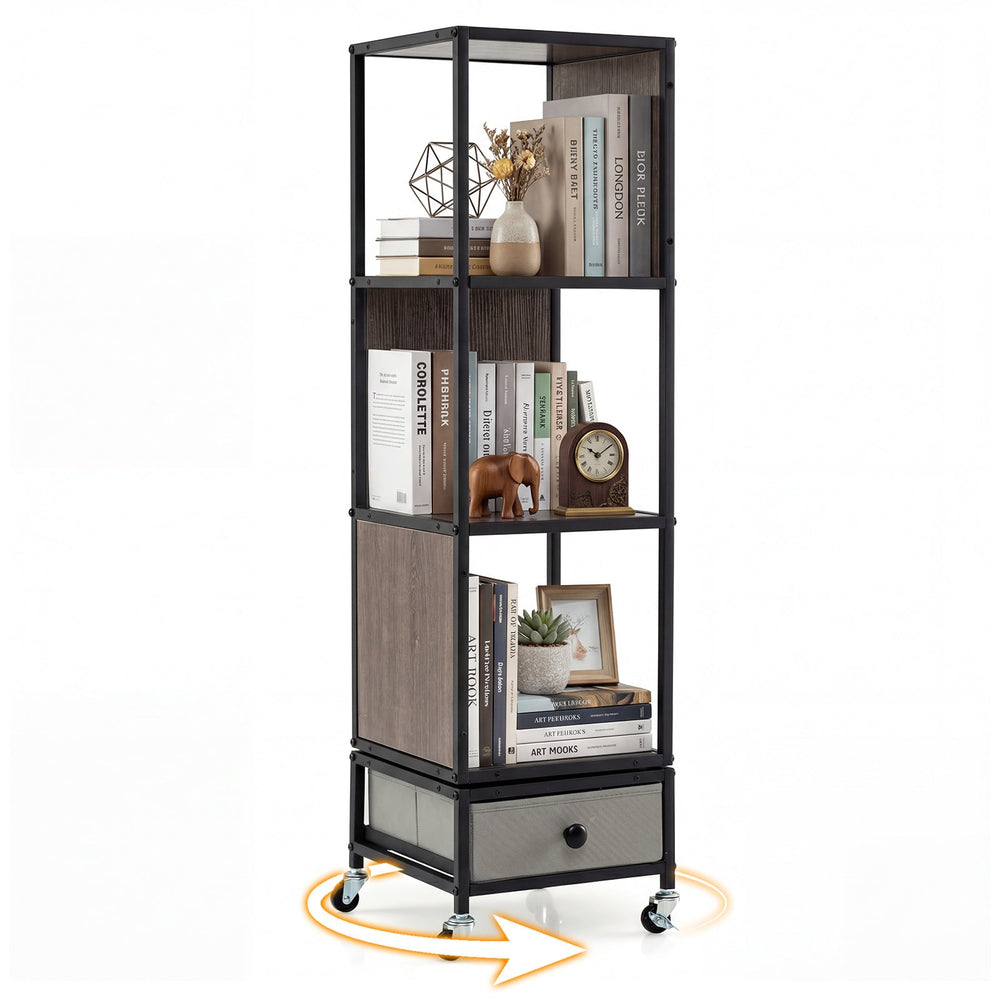 4-Tier Rotating Bookshelf on Wheels for Living Room Office-Grey