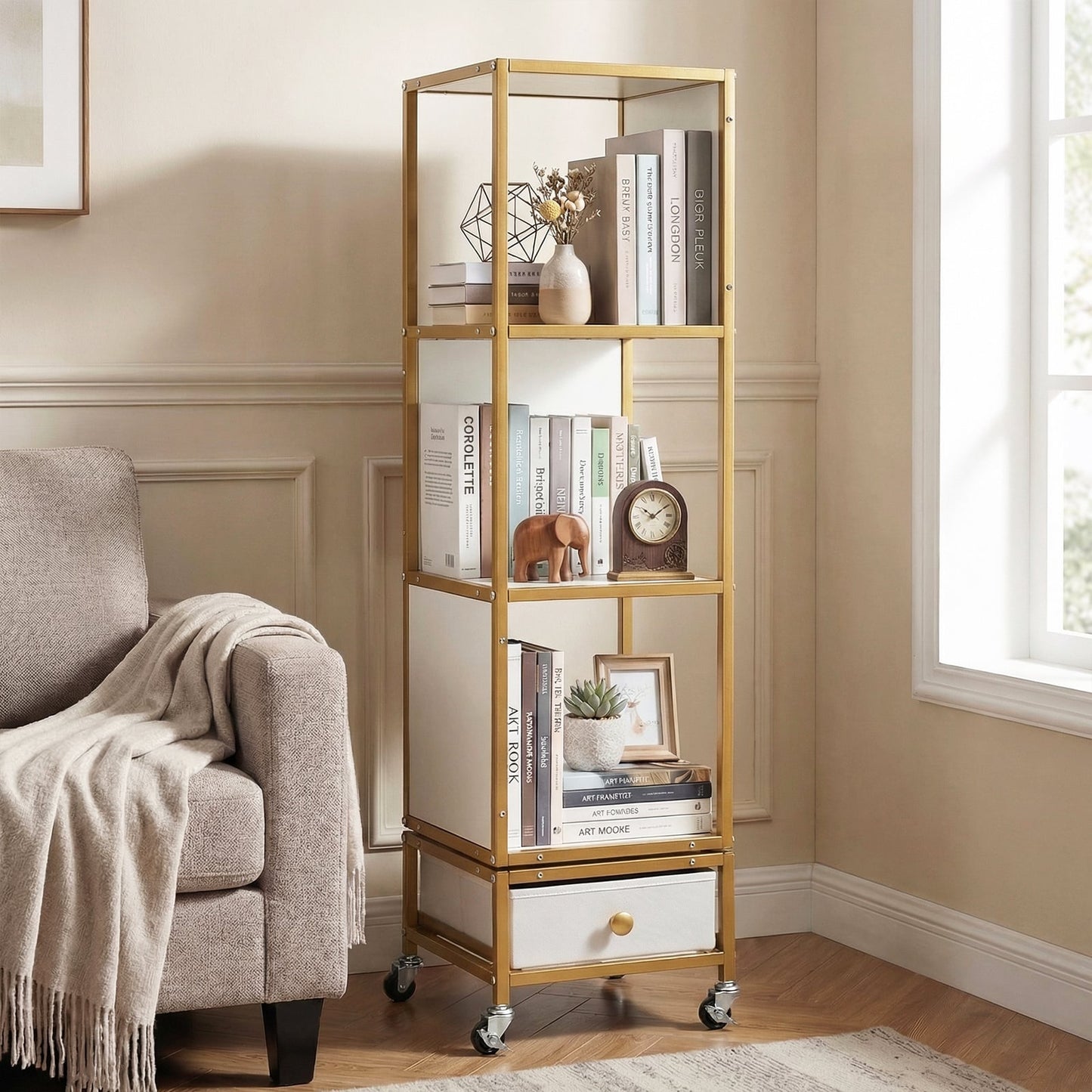 4-Tier Rotating Bookshelf on Wheels for Living Room Office-White