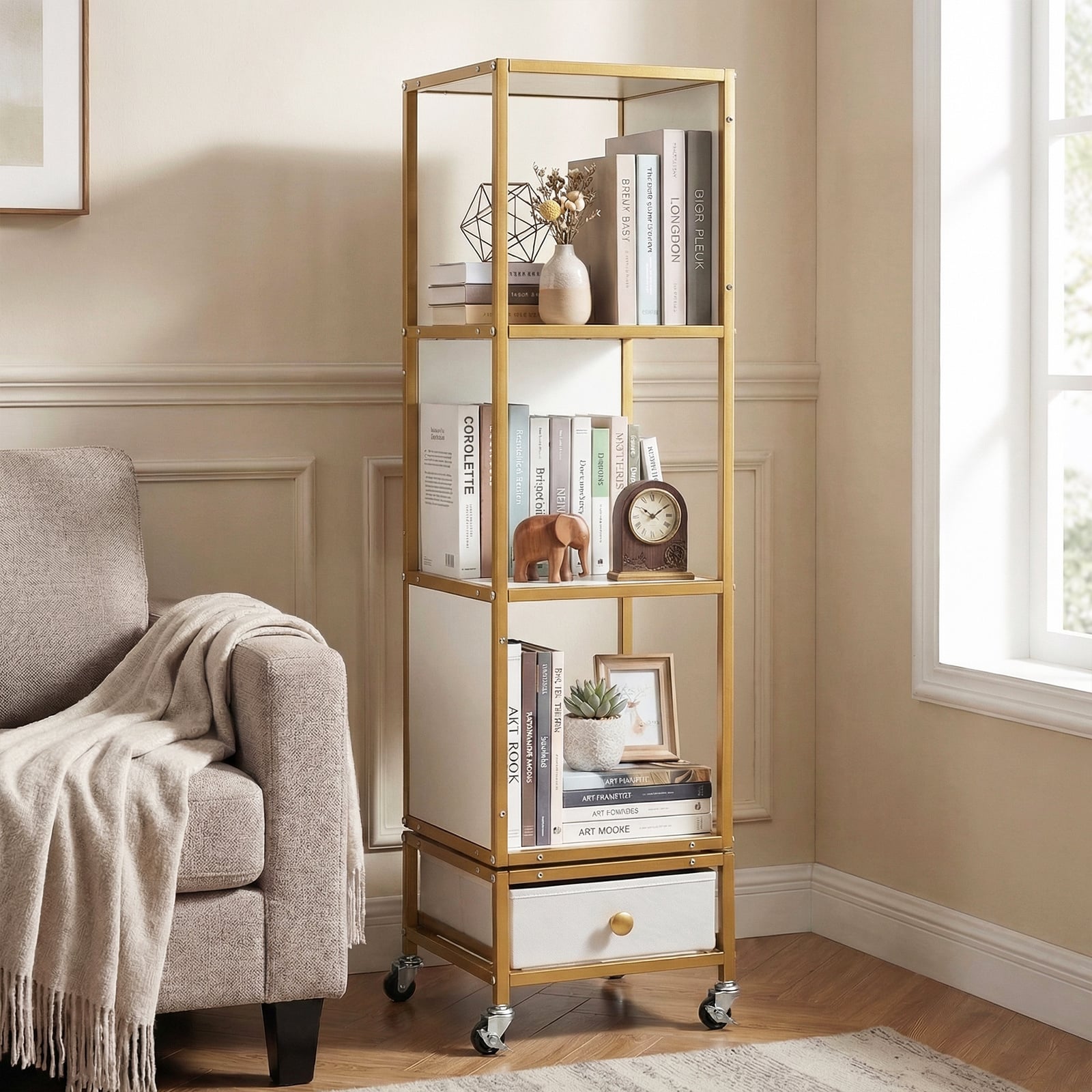 4-Tier Rotating Bookshelf on Wheels for Living Room Office-White