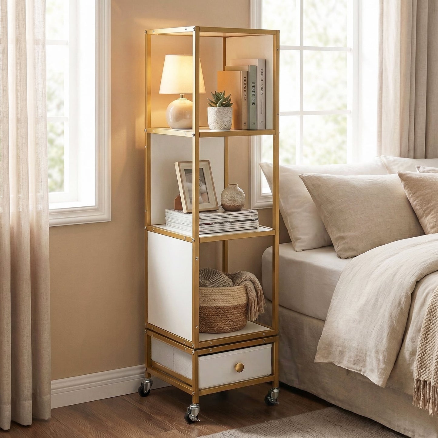 4-Tier Rotating Bookshelf on Wheels for Living Room Office-White