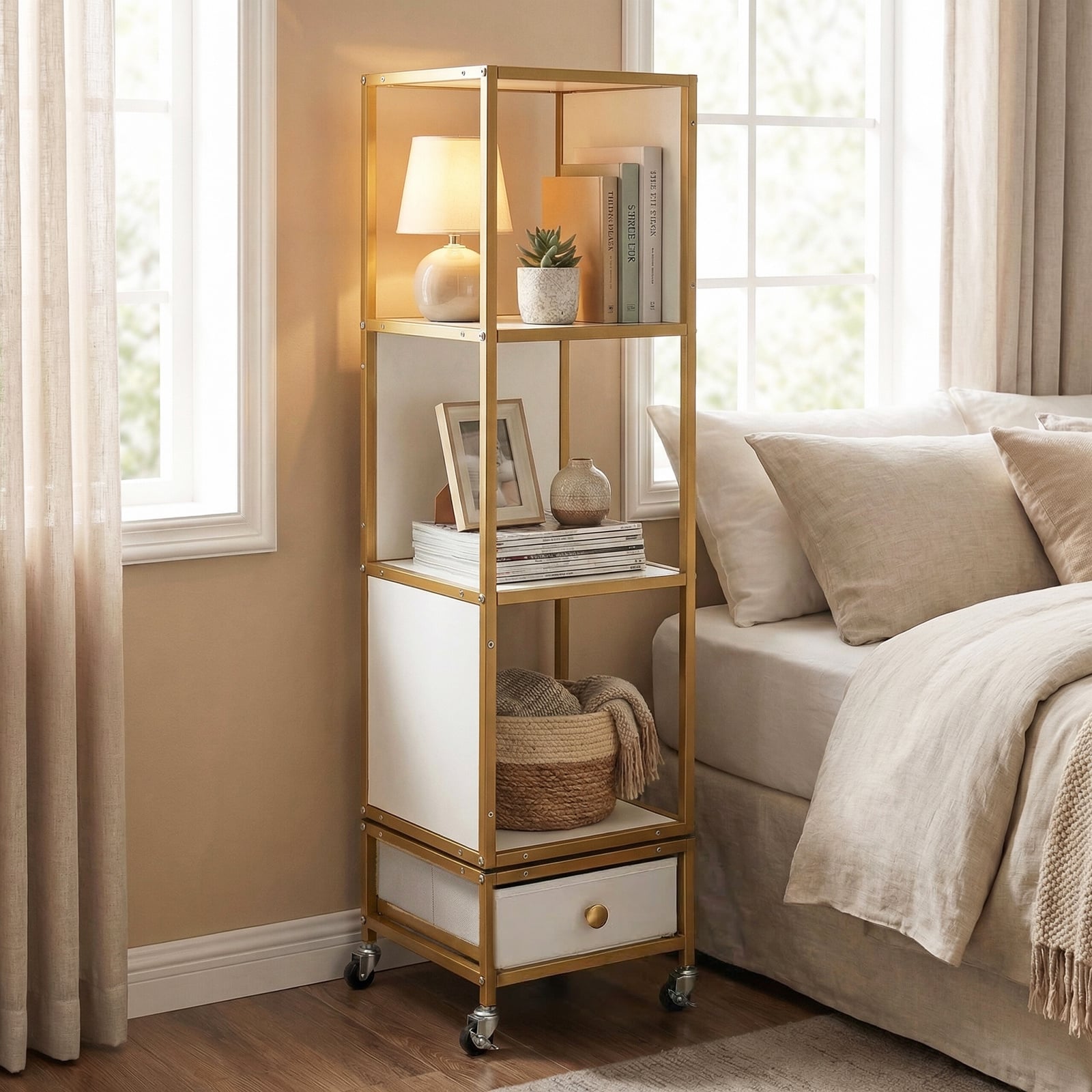 4-Tier Rotating Bookshelf on Wheels for Living Room Office-White