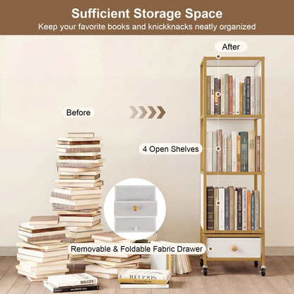 4-Tier Rotating Bookshelf on Wheels for Living Room Office-White