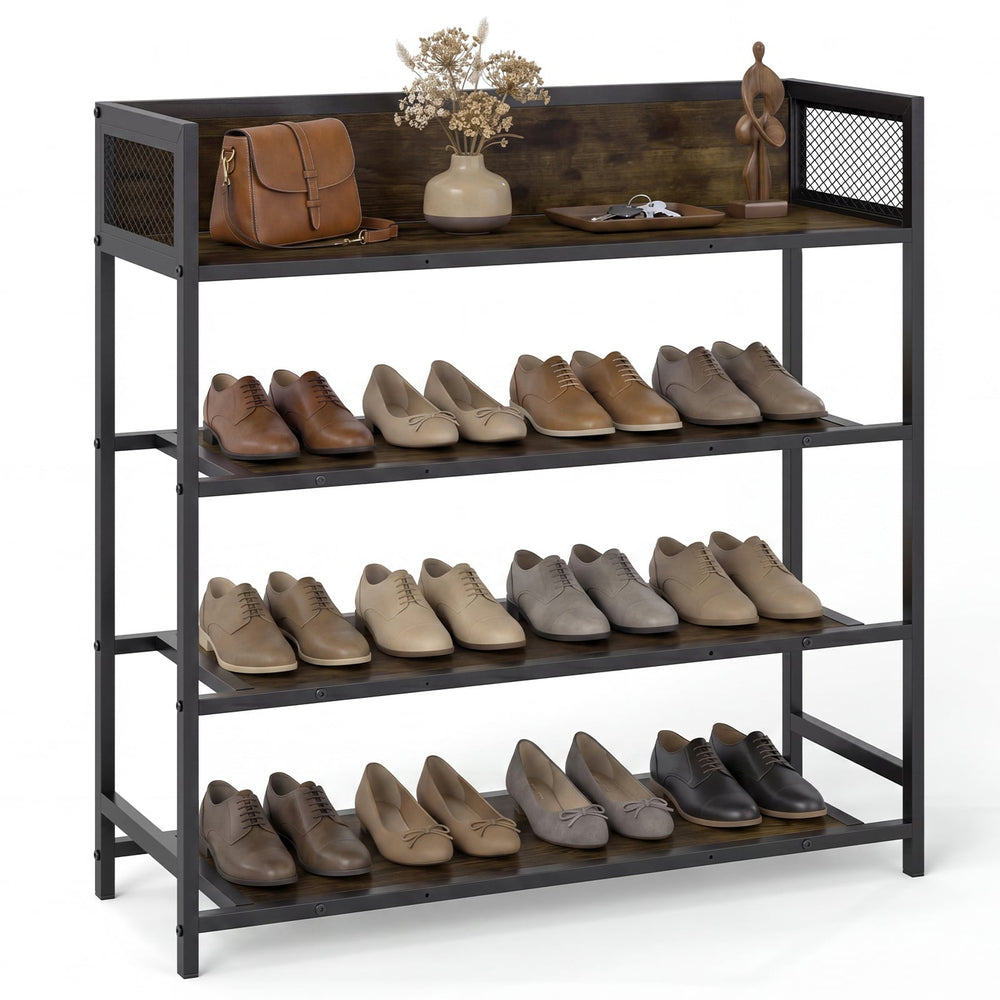 4-Tier Shoe Rack Industrial Shoe Organizer with Heavy Duty Metal Frame-Brown