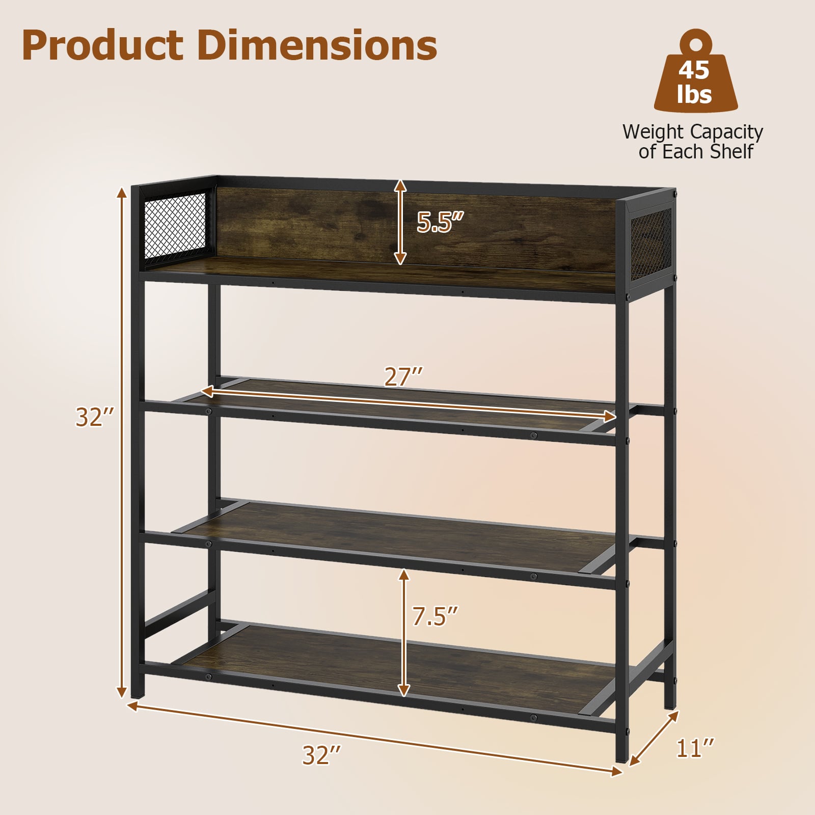 4-Tier Shoe Rack Industrial Shoe Organizer with Heavy Duty Metal Frame-Brown