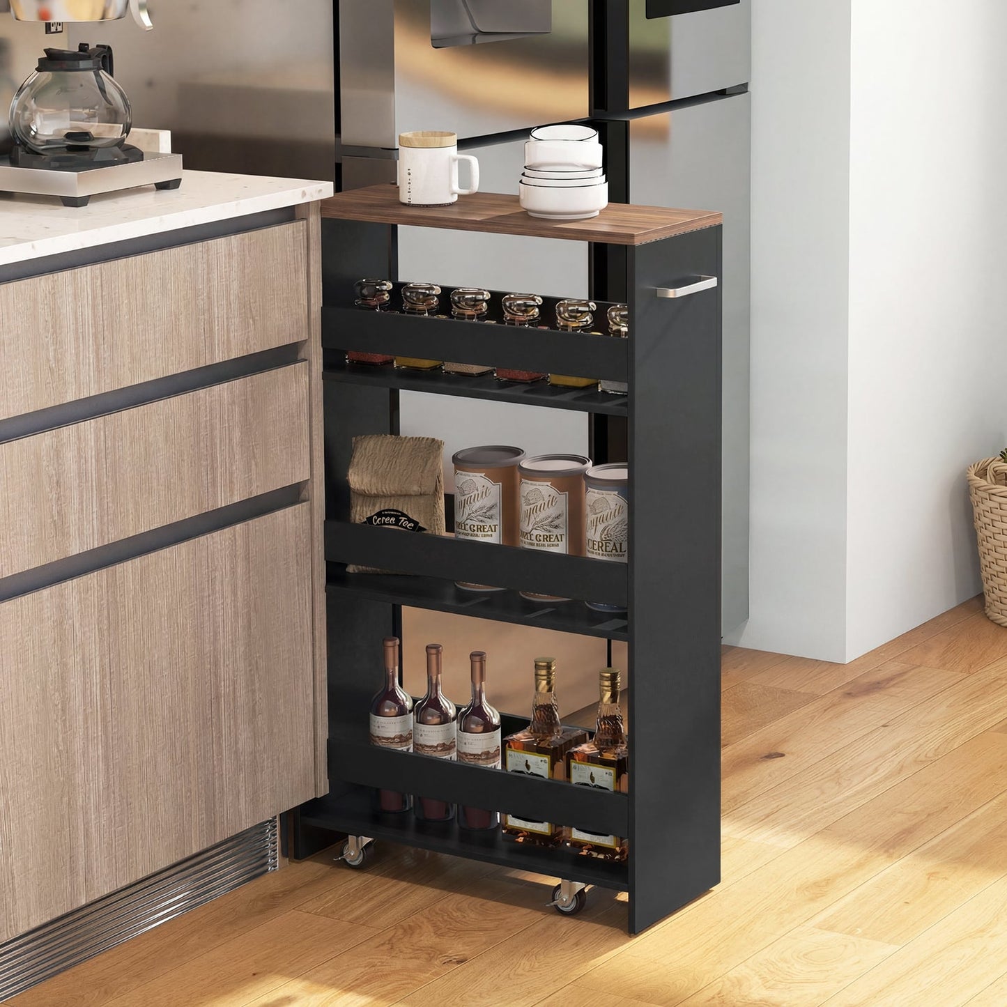 4-Tier Slim Storage Cart with Open Shelves for Kitchen-Black