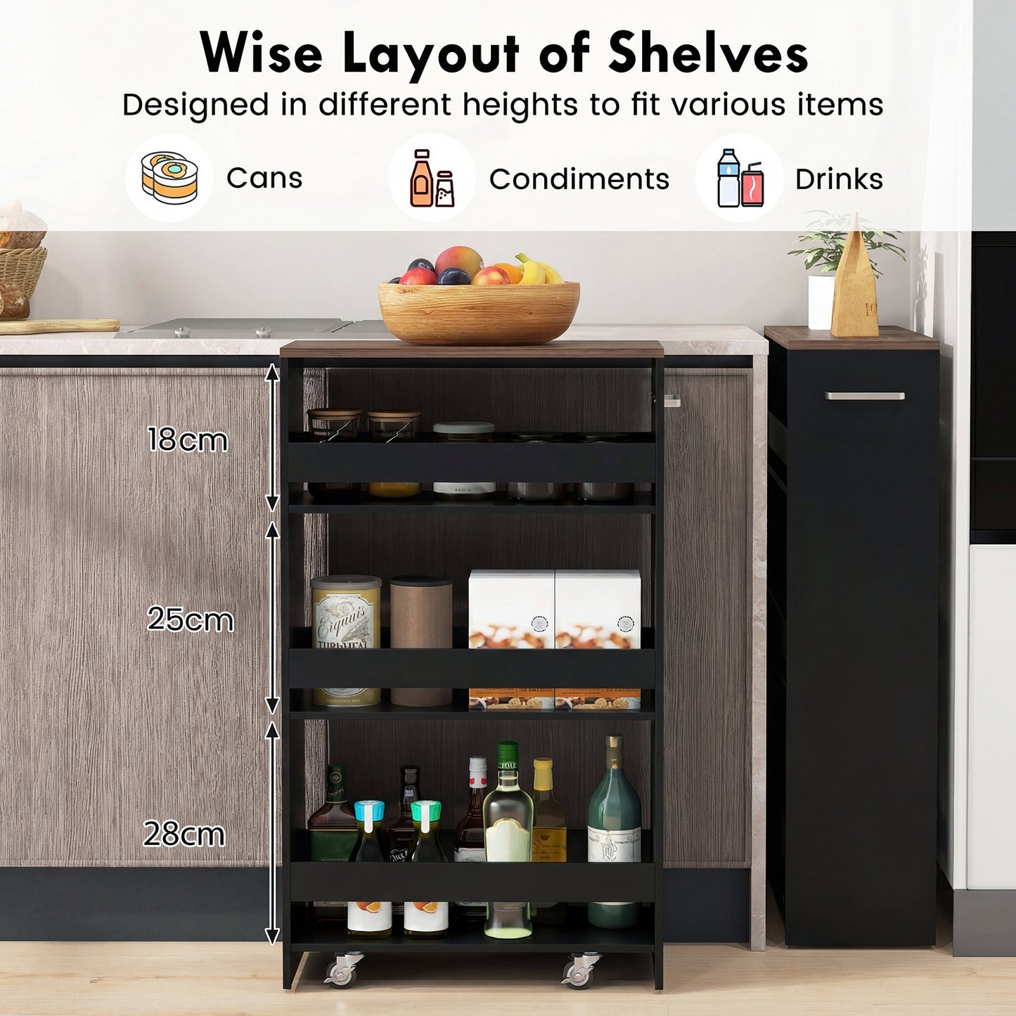 4-Tier Slim Storage Cart with Open Shelves for Kitchen-Black
