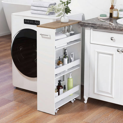 4-Tier Slim Storage Cart with Open Shelves for Kitchen-White and Natural
