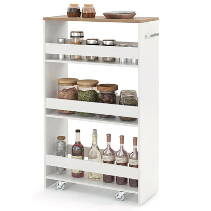 4-Tier Slim Storage Cart with Open Shelves for Kitchen-White and Natural