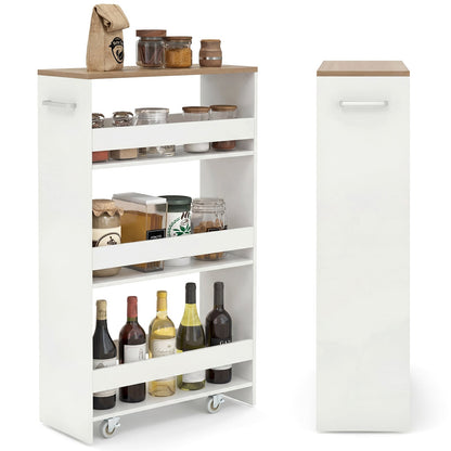 4-Tier Slim Storage Cart with Open Shelves for Kitchen-White and Natural