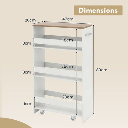 4-Tier Slim Storage Cart with Open Shelves for Kitchen-White and Natural