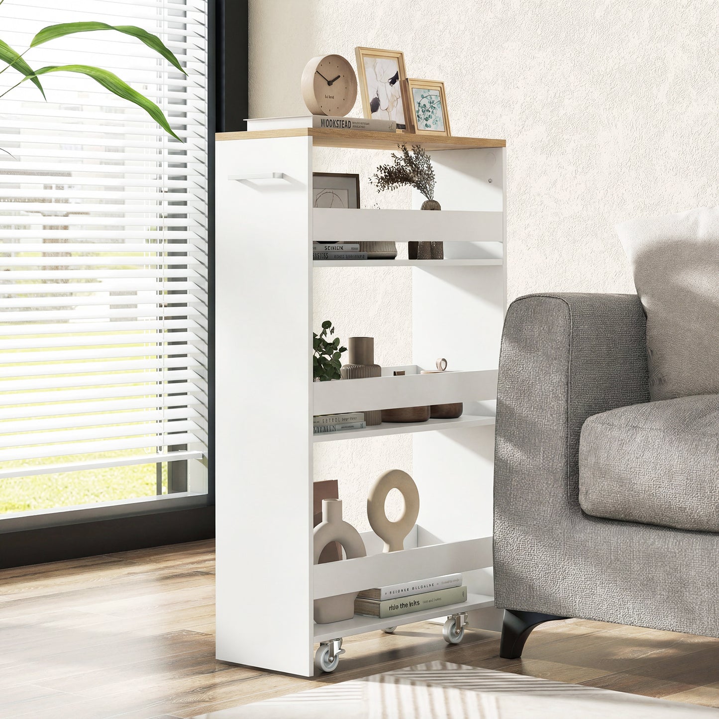 4-Tier Slim Storage Cart with Open Shelves for Kitchen-White and Natural