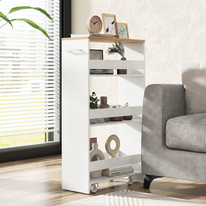 4-Tier Slim Storage Cart with Open Shelves for Kitchen-White and Natural