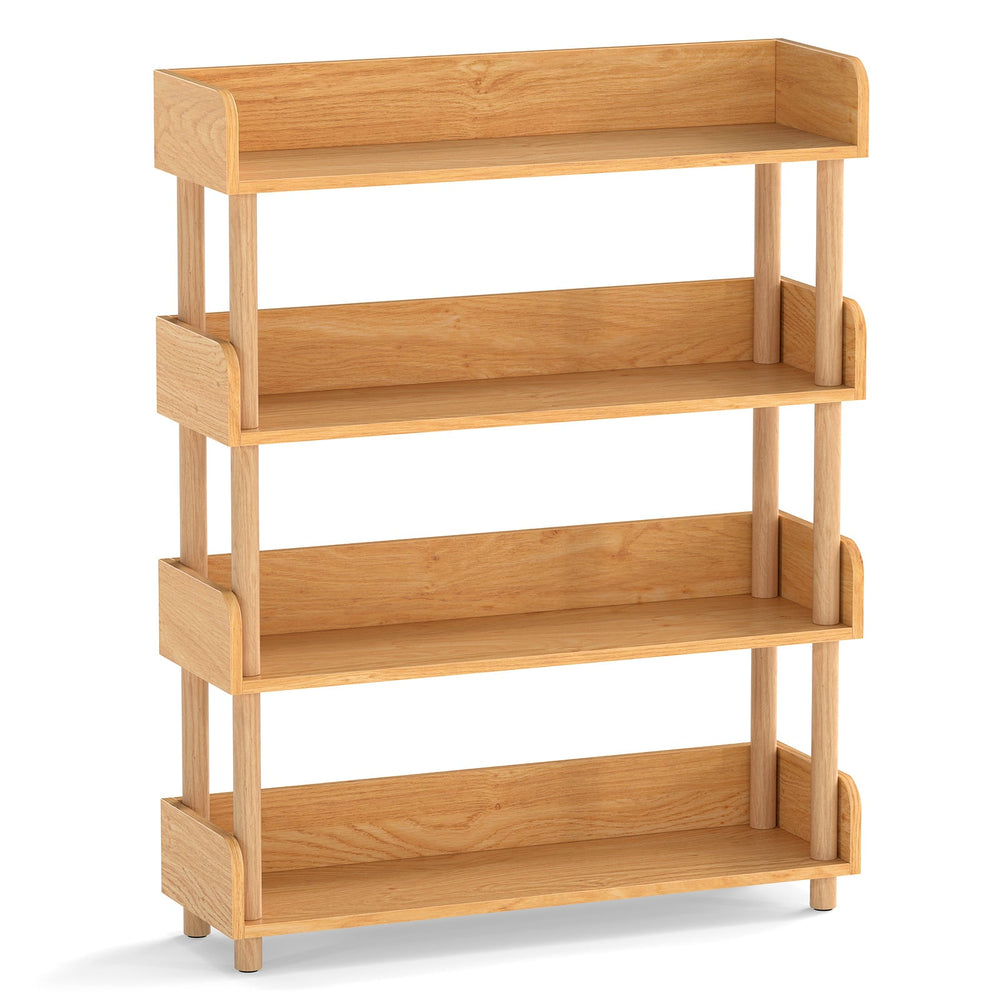 4-Tier Wooden Bookshelf with Sturdy Pine Wood Posts and Elevated Guardrails for Living Room-Natrual