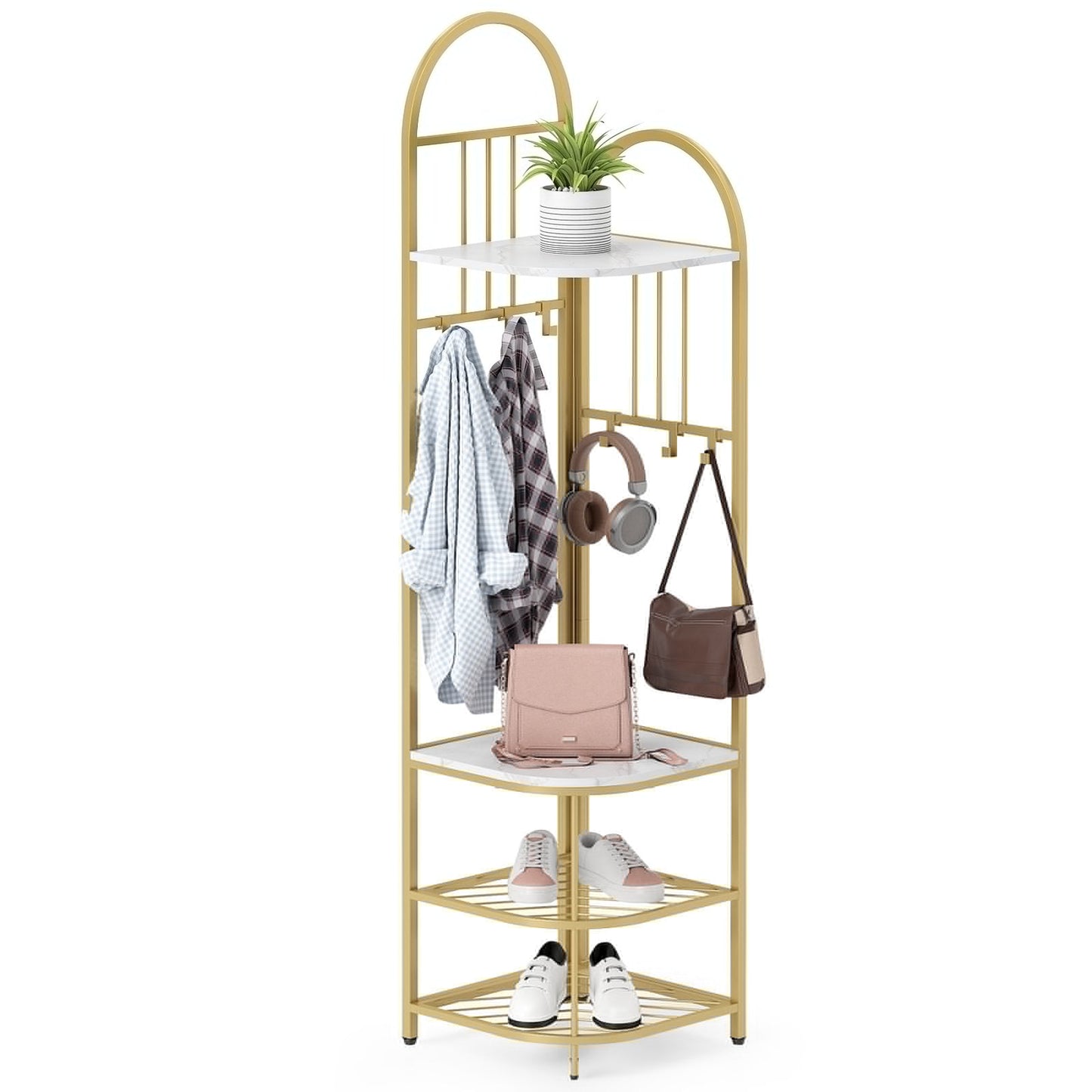 4 Tier Corner Coat Rack with Shoe Storage 180cm High White Shoe Shelf