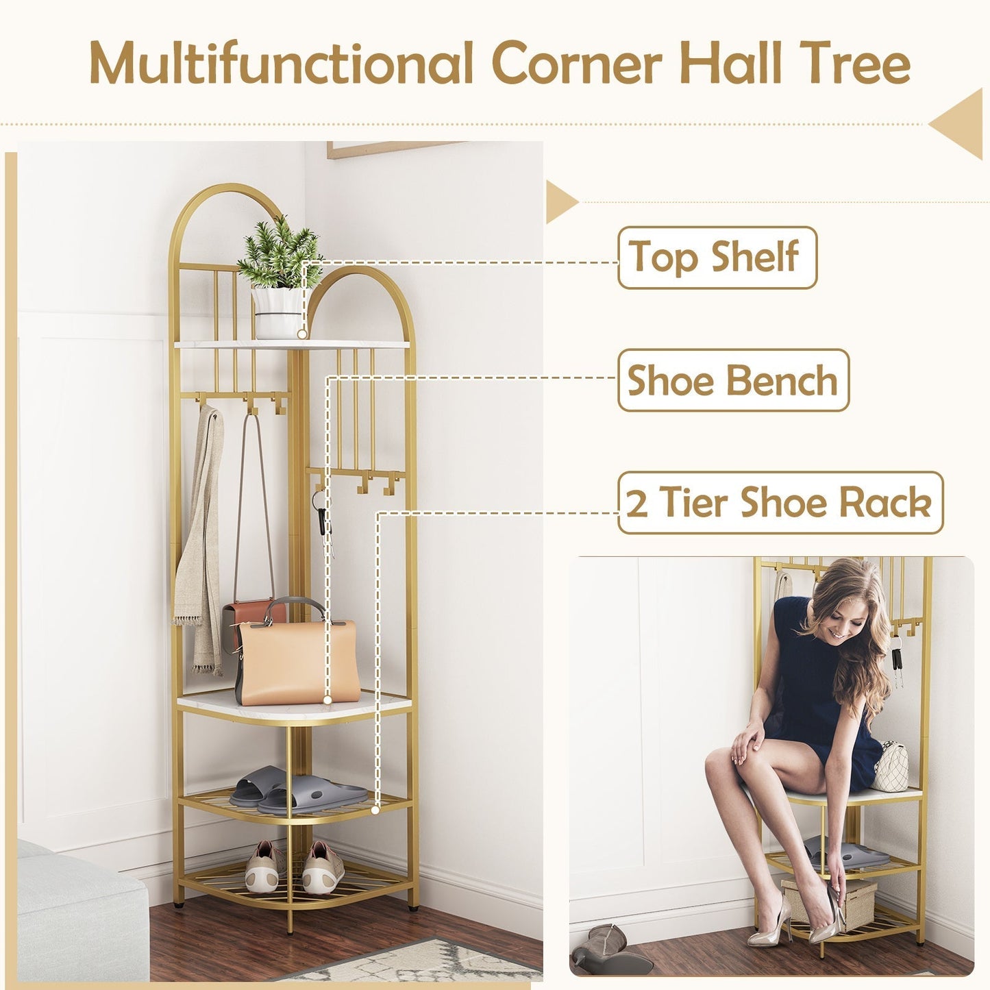 4 Tier Corner Coat Rack with Shoe Storage 180cm High White Shoe Shelf