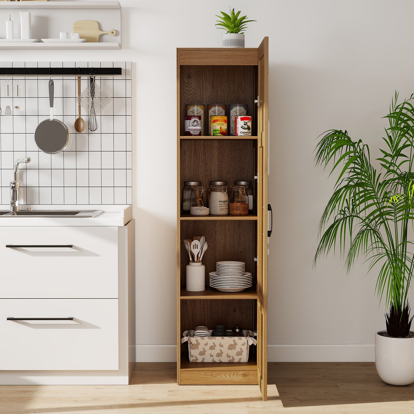 150 cm Tall 4-Tier Freestanding Storage Floor Cabinet-Natural