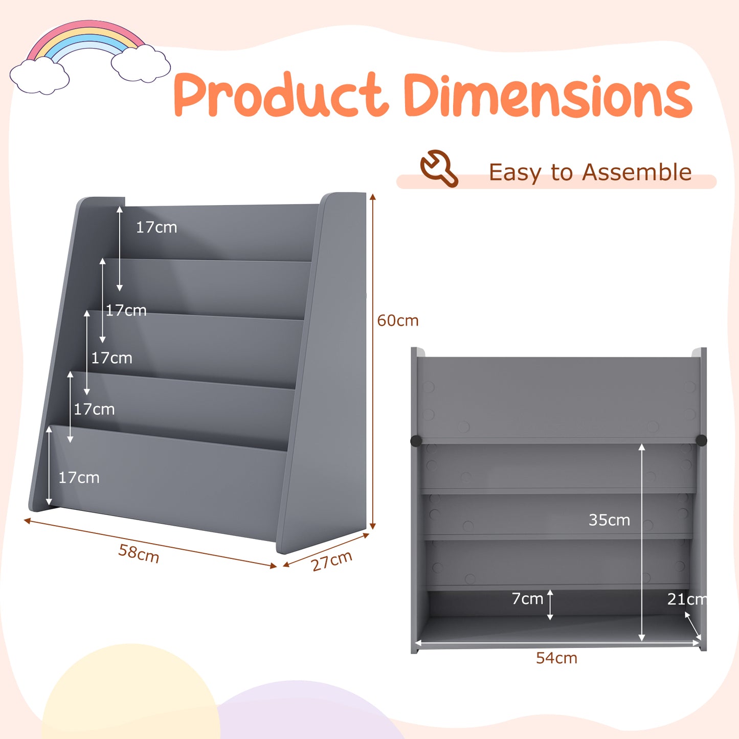 4-Tier Kids Bookshelf with Deep Compartments for Kids Bedroom-Grey