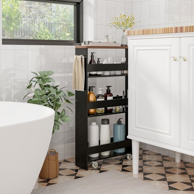 4-Tier Slim Storage Cart with Open Shelves and Wheels-Brown