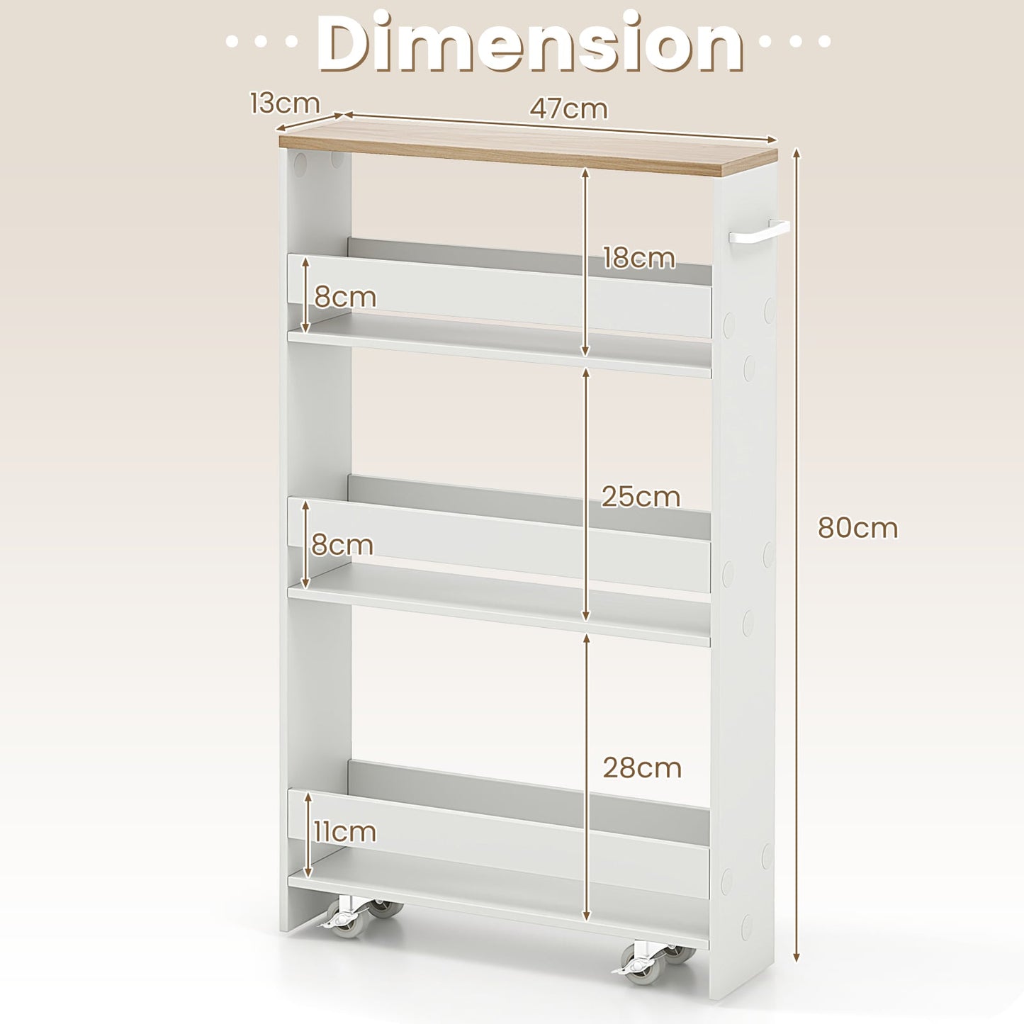 4-Tier Slim Storage Cart with Open Shelves and Wheels-Natural