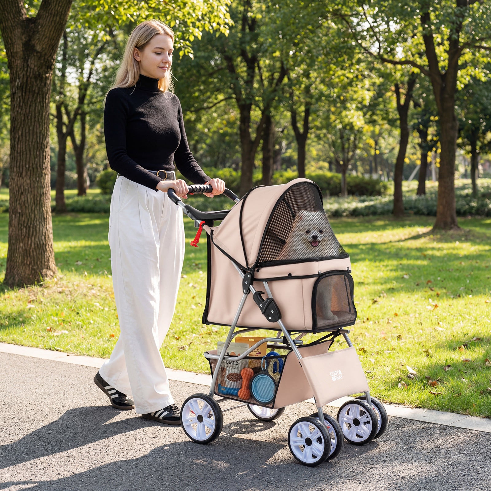 4-Wheel Pet Foldable Stroller with Breathable Mesh for Small Dogs Cats up to 15 KG-Beige