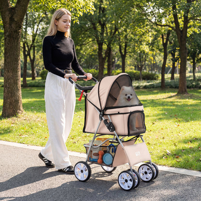 4-Wheel Pet Foldable Stroller with Breathable Mesh for Small Dogs Cats up to 15 KG-Beige