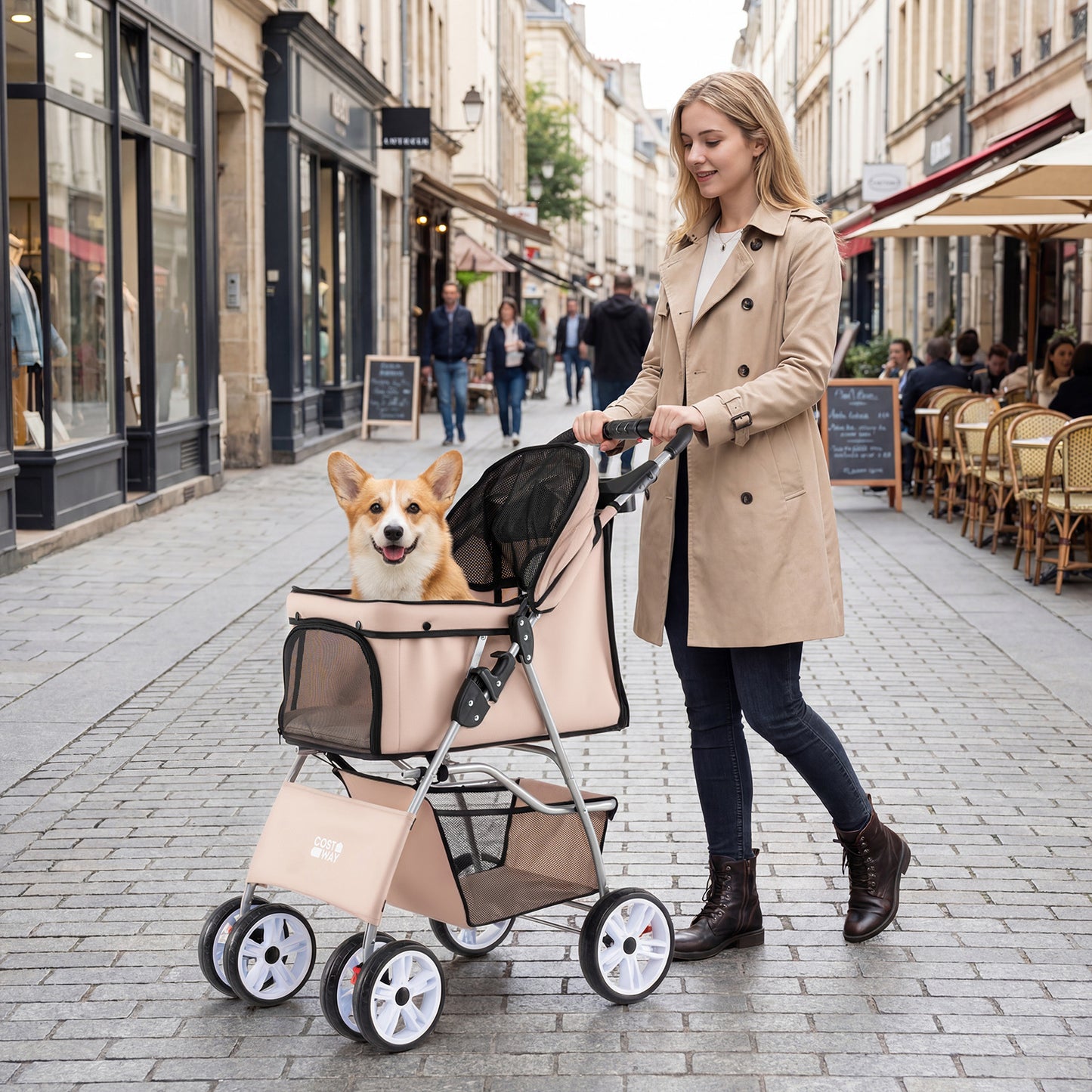 4-Wheel Pet Foldable Stroller with Breathable Mesh for Small Dogs Cats up to 15 KG-Beige