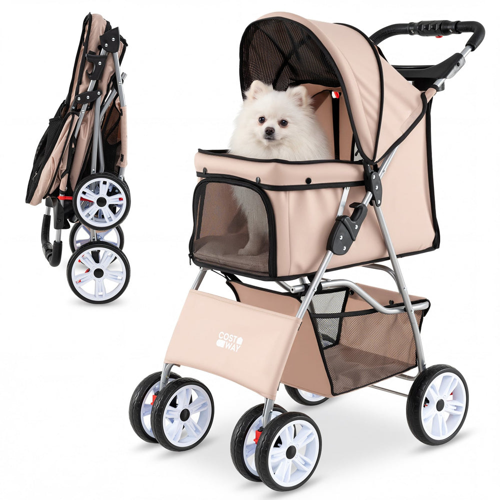 4-Wheel Pet Foldable Stroller with Breathable Mesh for Small Dogs Cats up to 15 KG-Beige