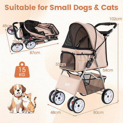 4-Wheel Pet Foldable Stroller with Breathable Mesh for Small Dogs Cats up to 15 KG-Beige