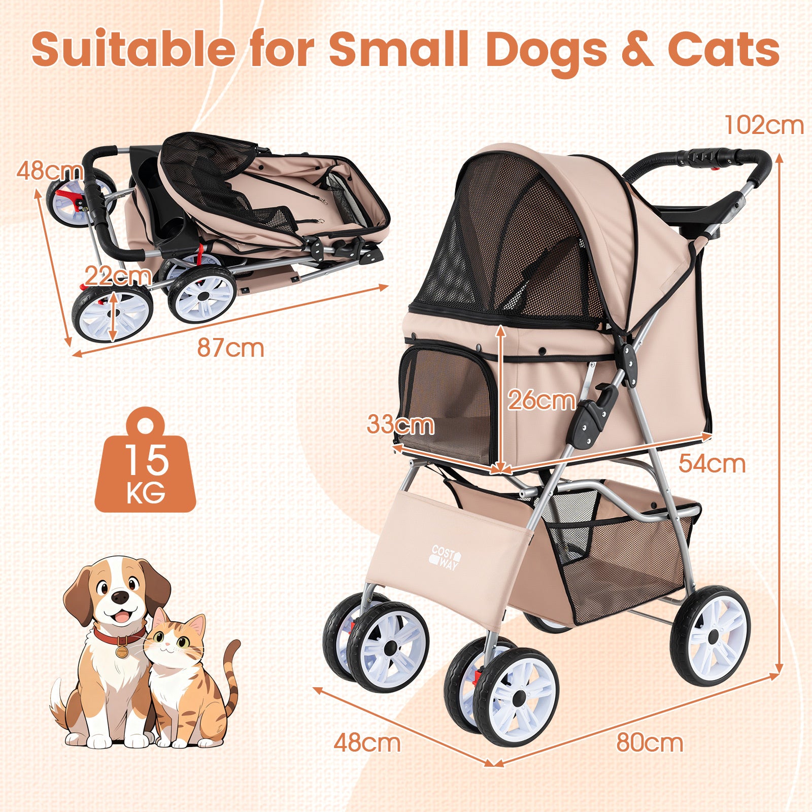 4-Wheel Pet Foldable Stroller with Breathable Mesh for Small Dogs Cats up to 15 KG-Beige