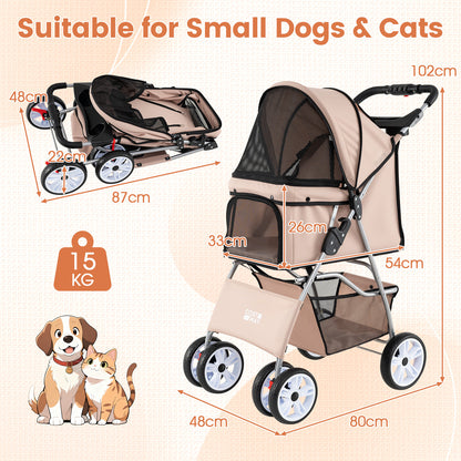 4-Wheel Pet Foldable Stroller with Breathable Mesh for Small Dogs Cats up to 15 KG-Beige