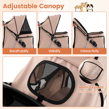 4-Wheel Pet Foldable Stroller with Breathable Mesh for Small Dogs Cats up to 15 KG-Beige