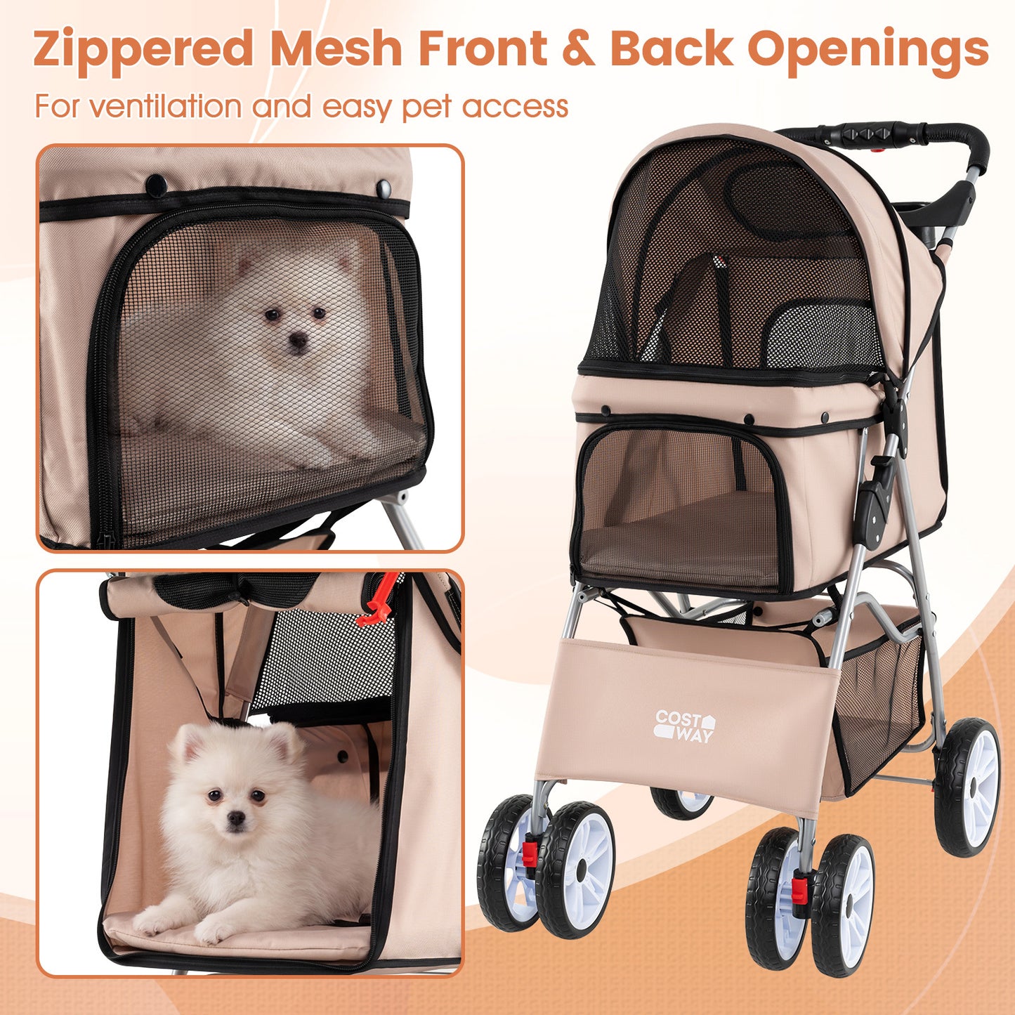 4-Wheel Pet Foldable Stroller with Breathable Mesh for Small Dogs Cats up to 15 KG-Beige
