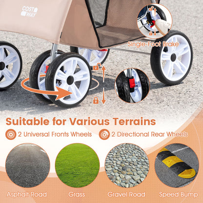 4-Wheel Pet Foldable Stroller with Breathable Mesh for Small Dogs Cats up to 15 KG-Beige