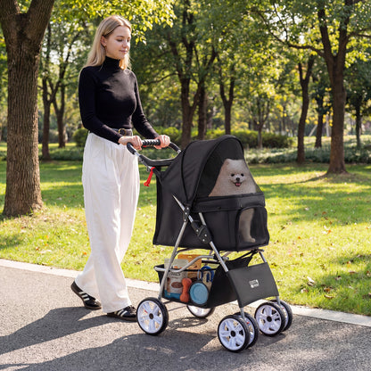 4-Wheel Pet Foldable Stroller with Breathable Mesh for Small Dogs Cats up to 15 KG-Black