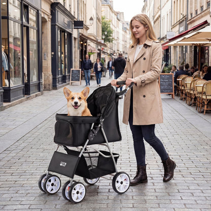 4-Wheel Pet Foldable Stroller with Breathable Mesh for Small Dogs Cats up to 15 KG-Black
