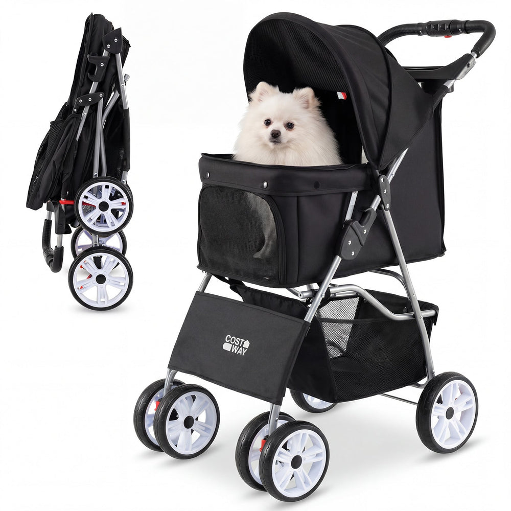 4-Wheel Pet Foldable Stroller with Breathable Mesh for Small Dogs Cats up to 15 KG-Black