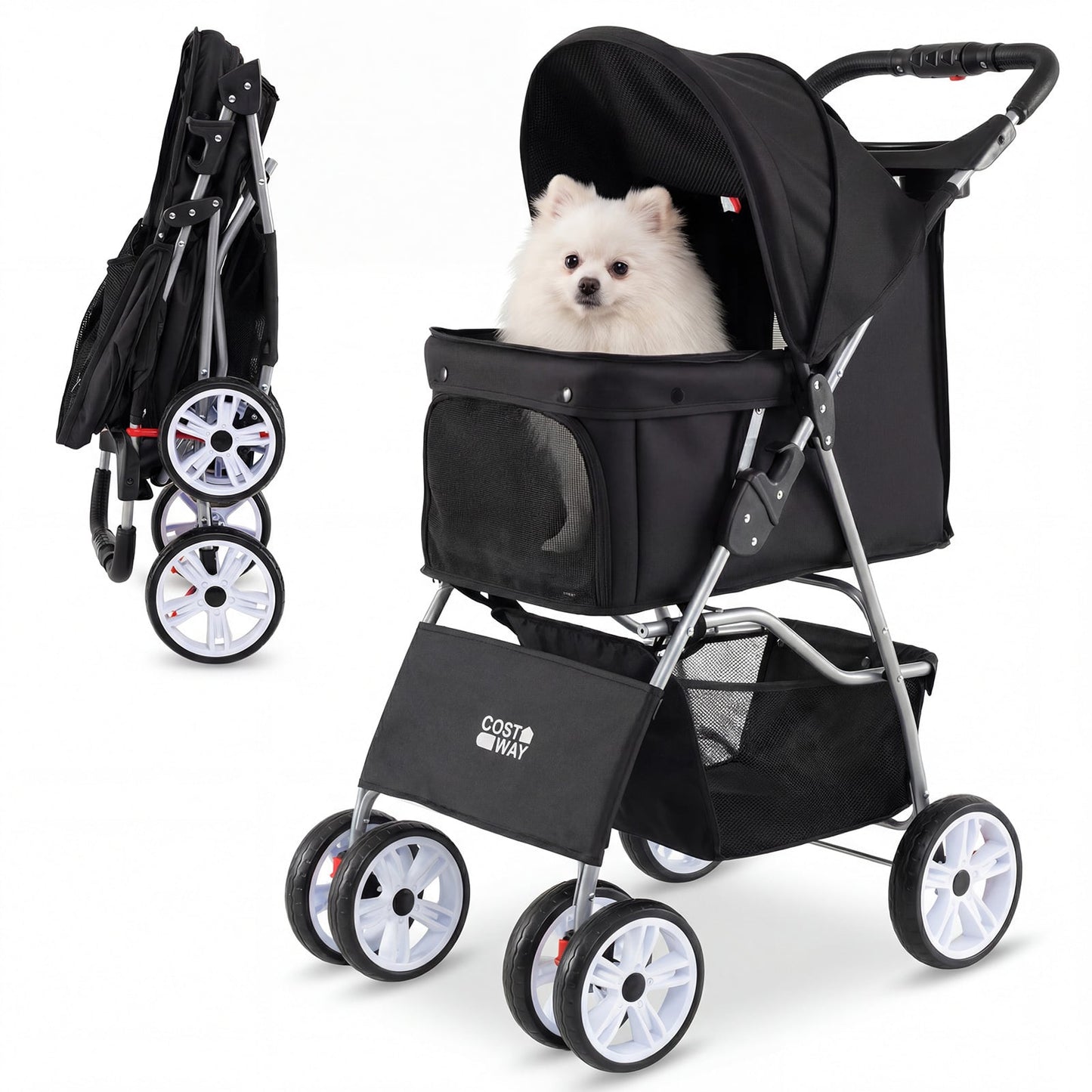 4-Wheel Pet Foldable Stroller with Breathable Mesh for Small Dogs Cats up to 15 KG-Black