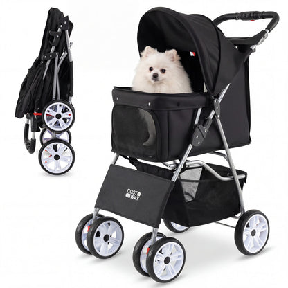 4-Wheel Pet Foldable Stroller with Breathable Mesh for Small Dogs Cats up to 15 KG-Black