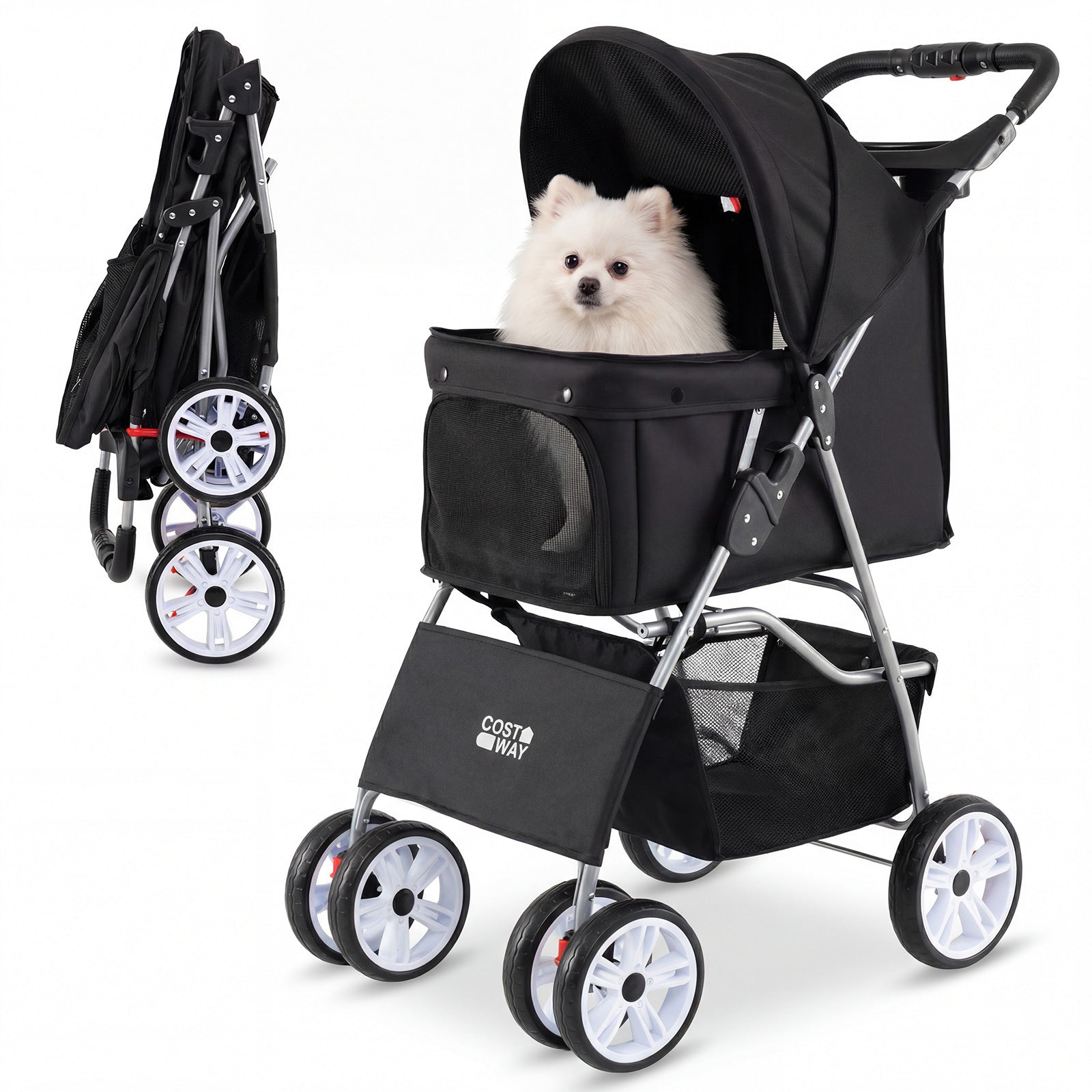 4-Wheel Pet Foldable Stroller with Breathable Mesh for Small Dogs Cats up to 15 KG-Black