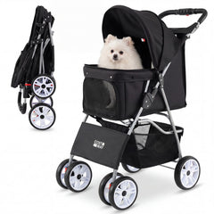 4-Wheel Pet Foldable Stroller with Breathable Mesh for Small Dogs Cats up to 15 KG-Black