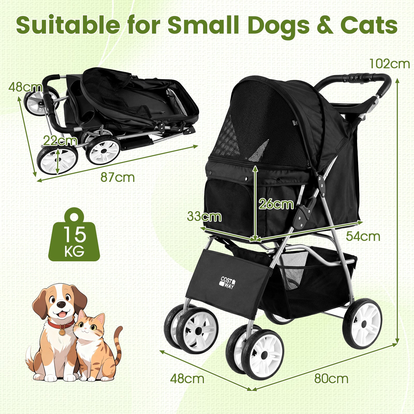 4-Wheel Pet Foldable Stroller with Breathable Mesh for Small Dogs Cats up to 15 KG-Black