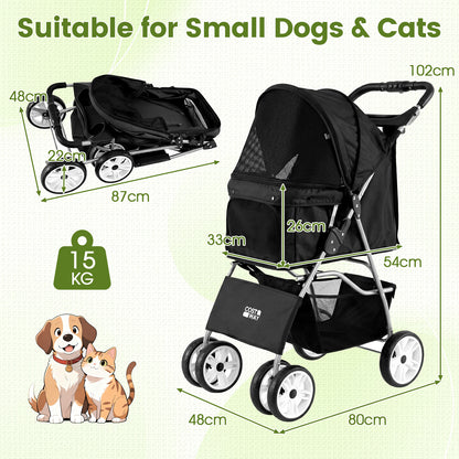 4-Wheel Pet Foldable Stroller with Breathable Mesh for Small Dogs Cats up to 15 KG-Black