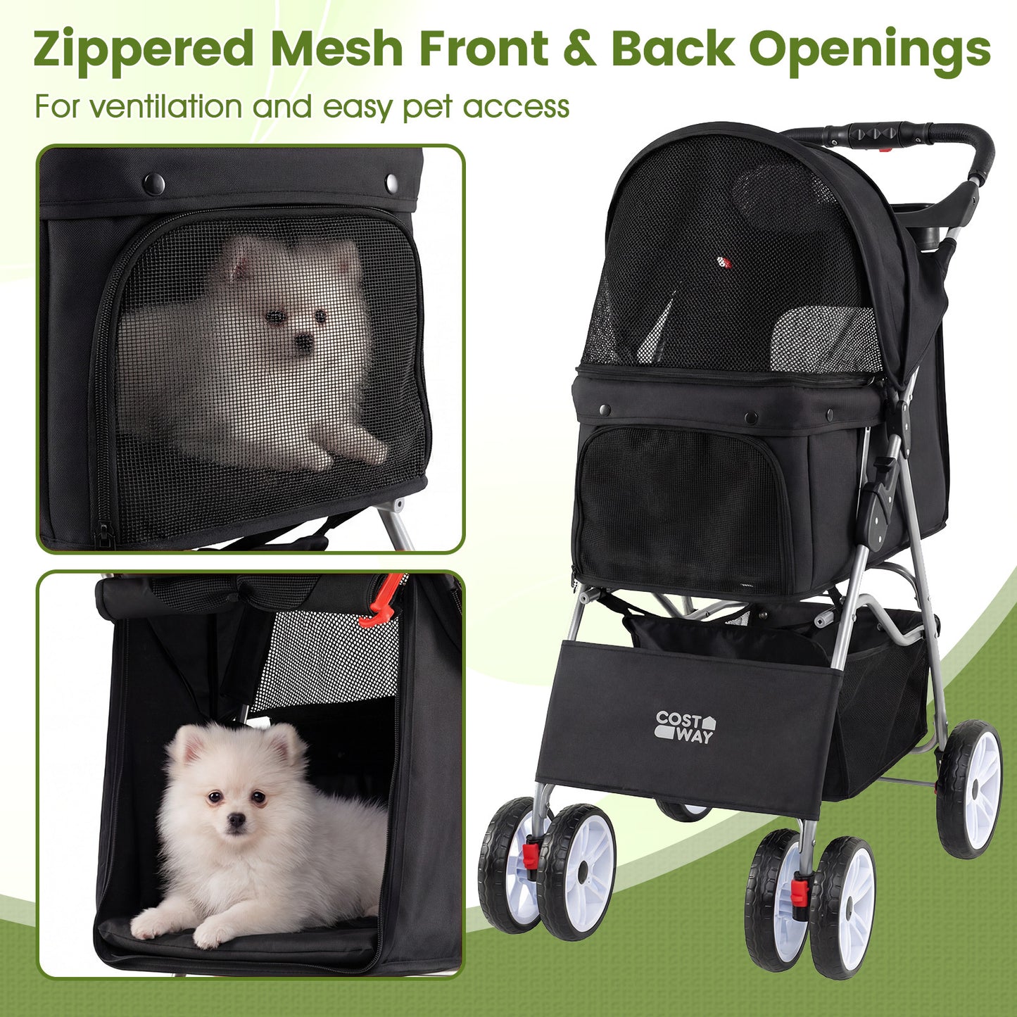 4-Wheel Pet Foldable Stroller with Breathable Mesh for Small Dogs Cats up to 15 KG-Black