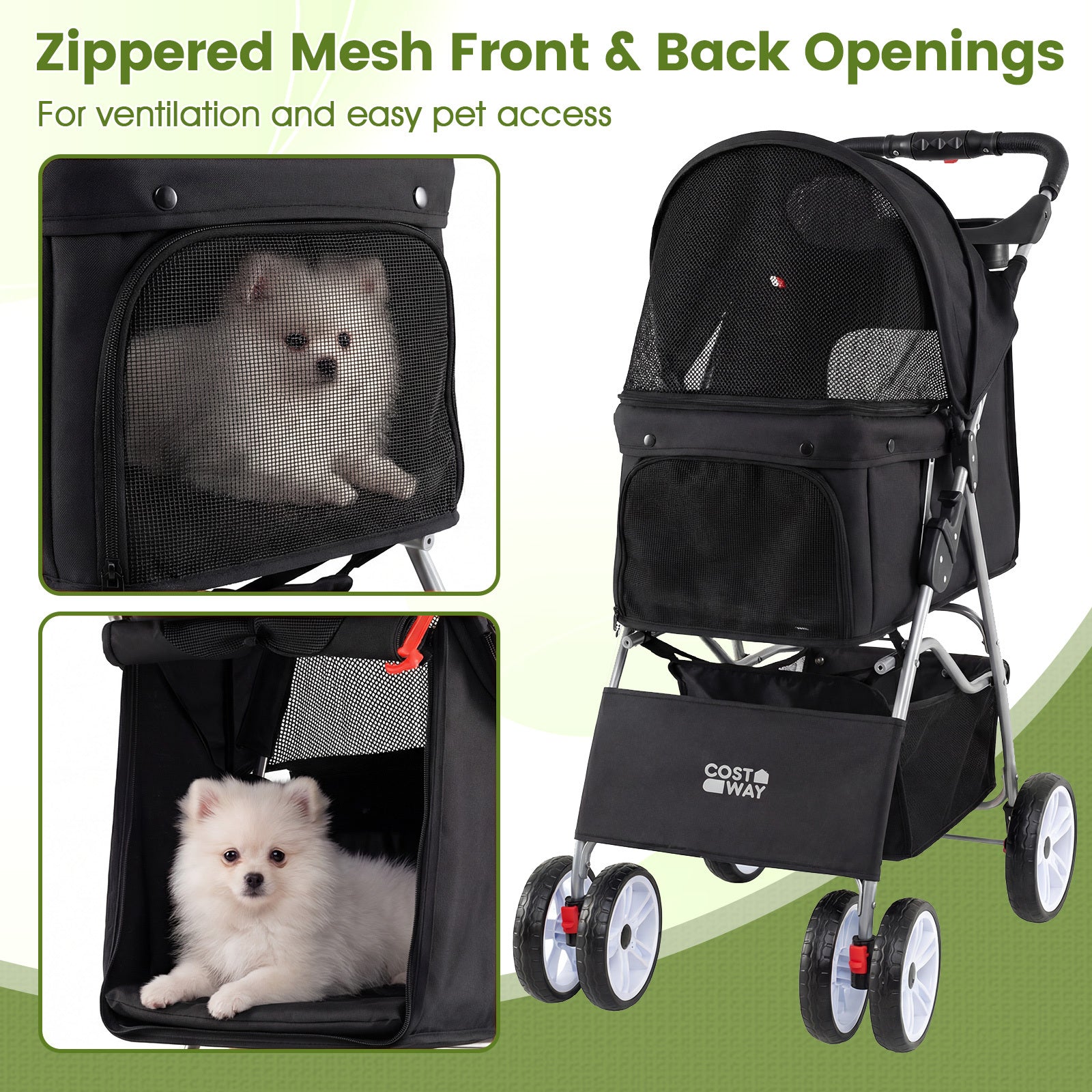 4-Wheel Pet Foldable Stroller with Breathable Mesh for Small Dogs Cats up to 15 KG-Black